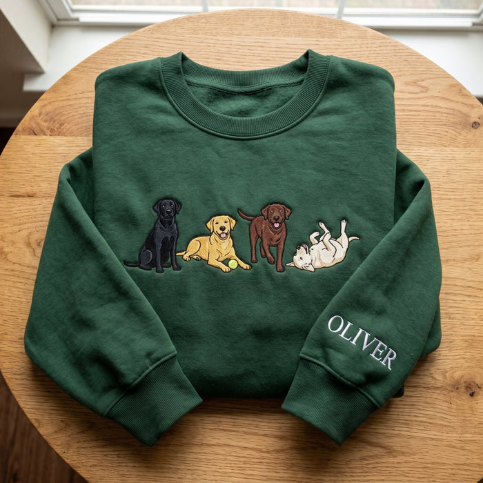 Personalized Four Labrador Retrievers Black Yellow Chocolate White Sleeve Name Embroidered Sweatshirt