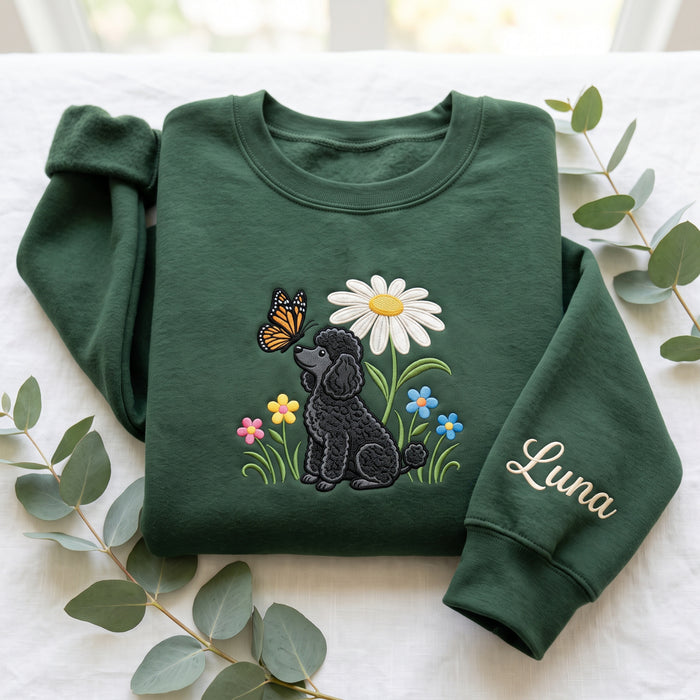 Personalized Black Poodle Wildflowers Butterfly Daisy Spring Embroidered Sweatshirt