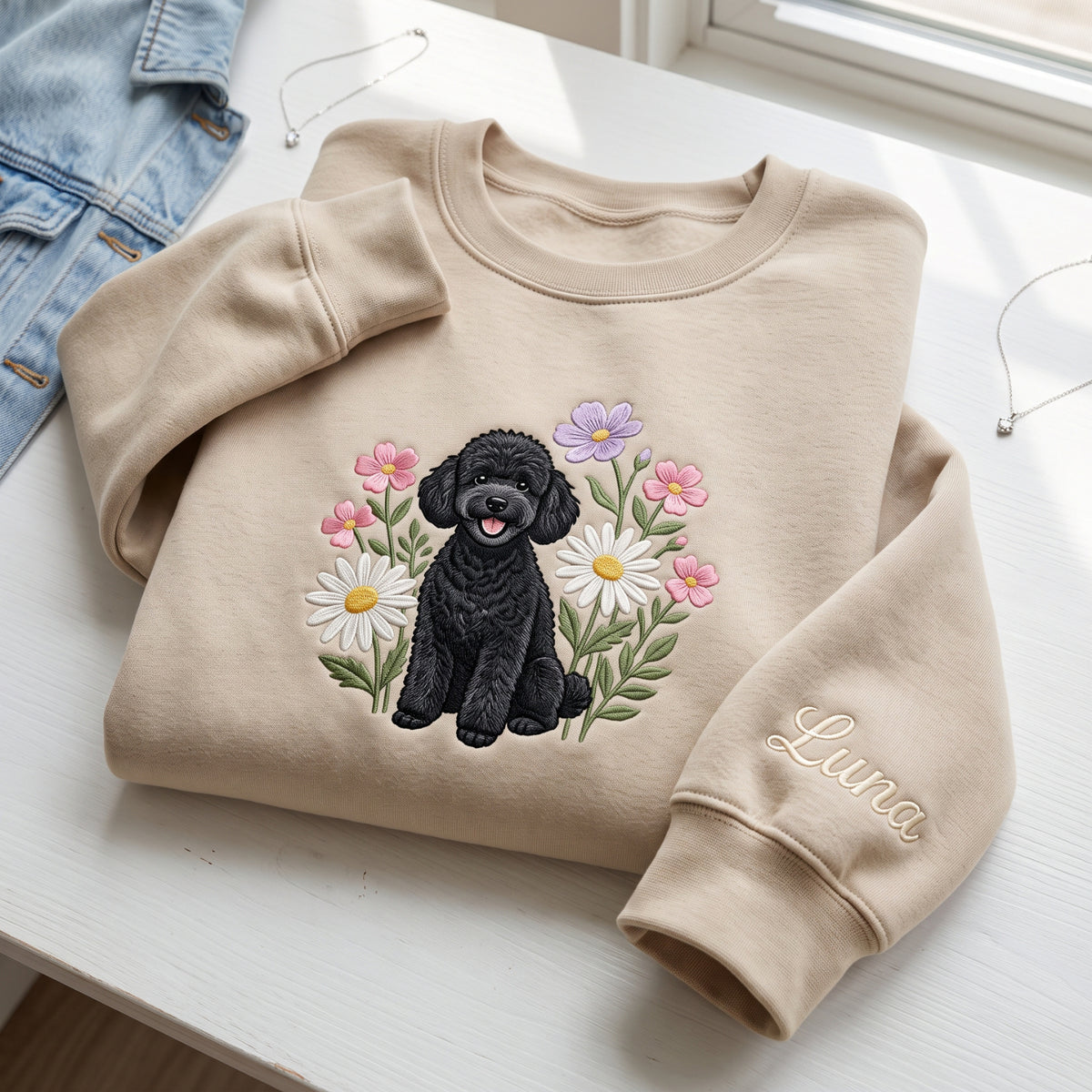 Personalized Black Poodle Wildflowers Daisy Floral embroidered sweatshirt — front view