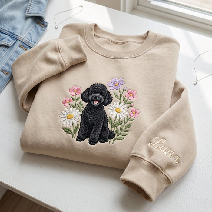 Personalized Black Poodle Wildflowers Daisy Floral Embroidered Sweatshirt