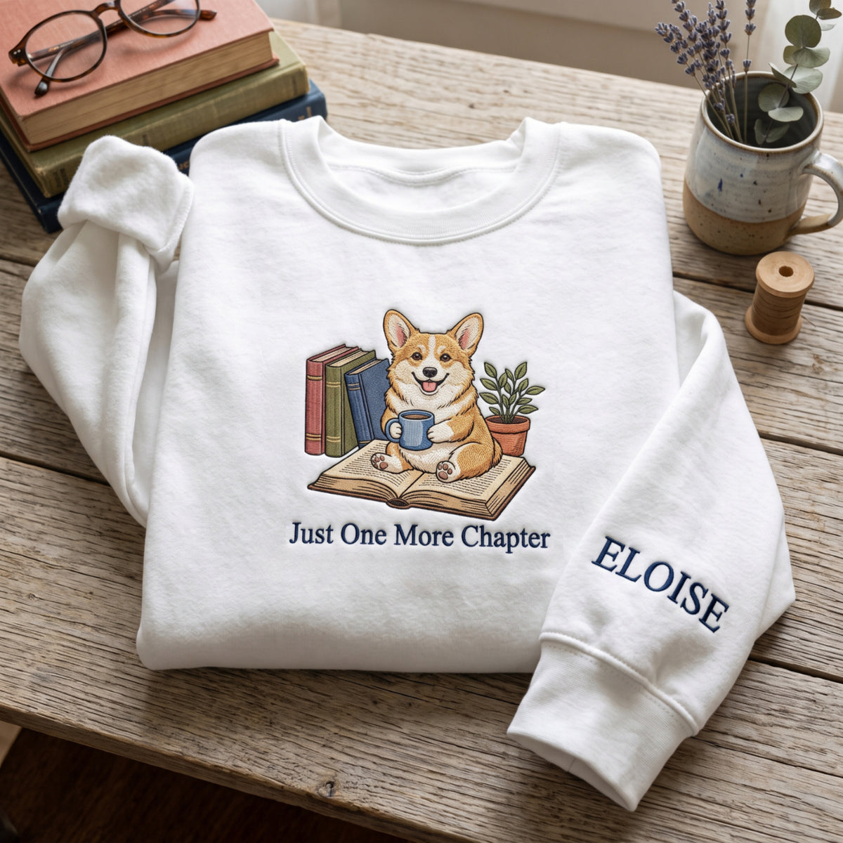 Personalized Corgi Book Lover Just One More Chapter Coffee embroidered sweatshirt — front view