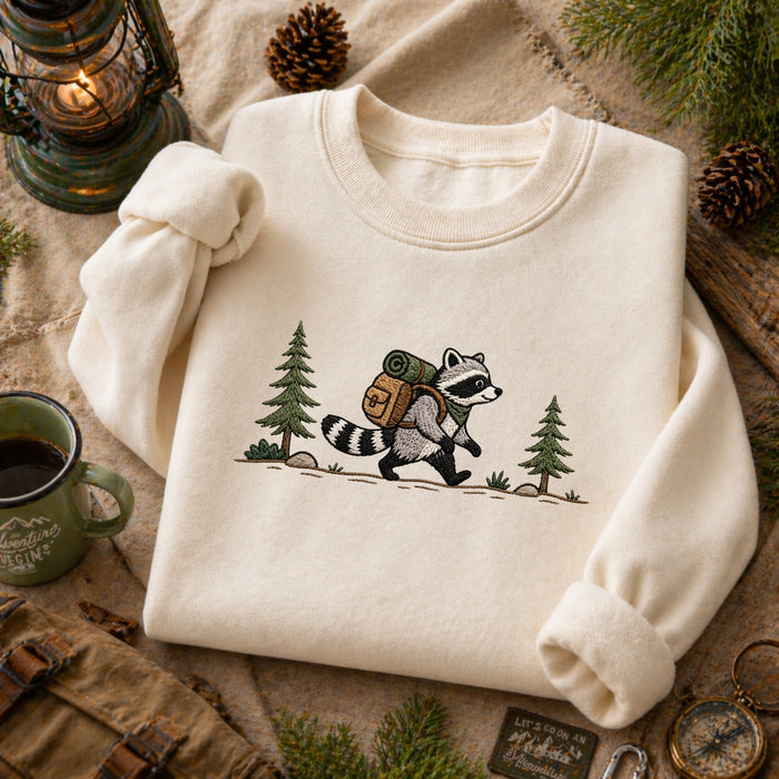 Hiking Raccoon Backpack Pine Trees Nature Adventure Embroidered Sweatshirt