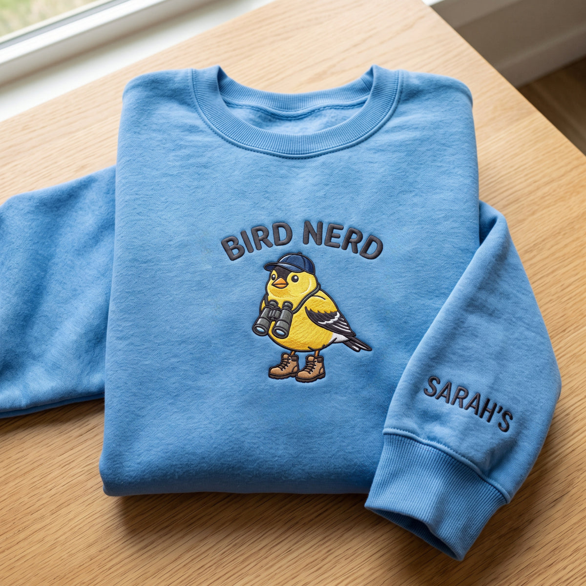 Personalized Bird Nerd Goldfinch Binoculars Hat Boots embroidered sweatshirt — front view