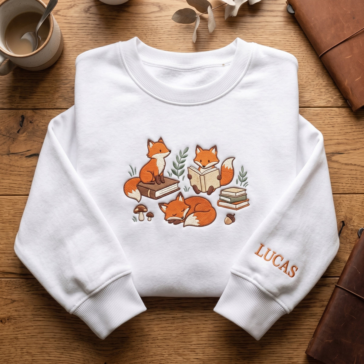 Personalized Cozy Foxes Reading Books Woodland Mushroom Acorn embroidered sweatshirt — front view