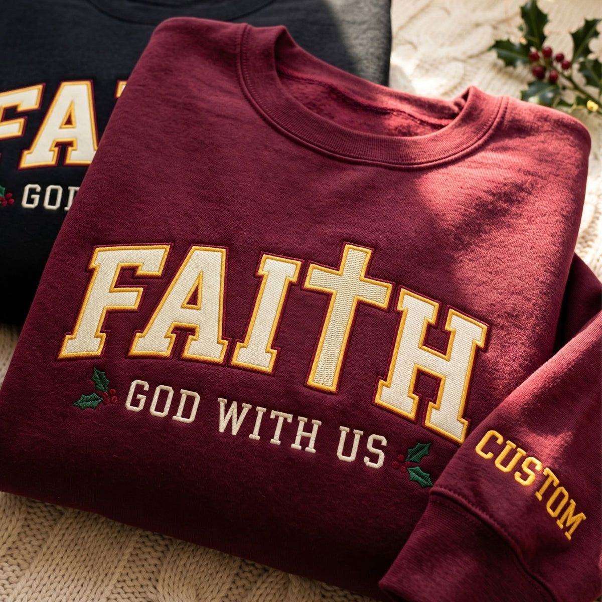 Personalized Faith Cross God with US Christmas Holly embroidered sweatshirt — front view