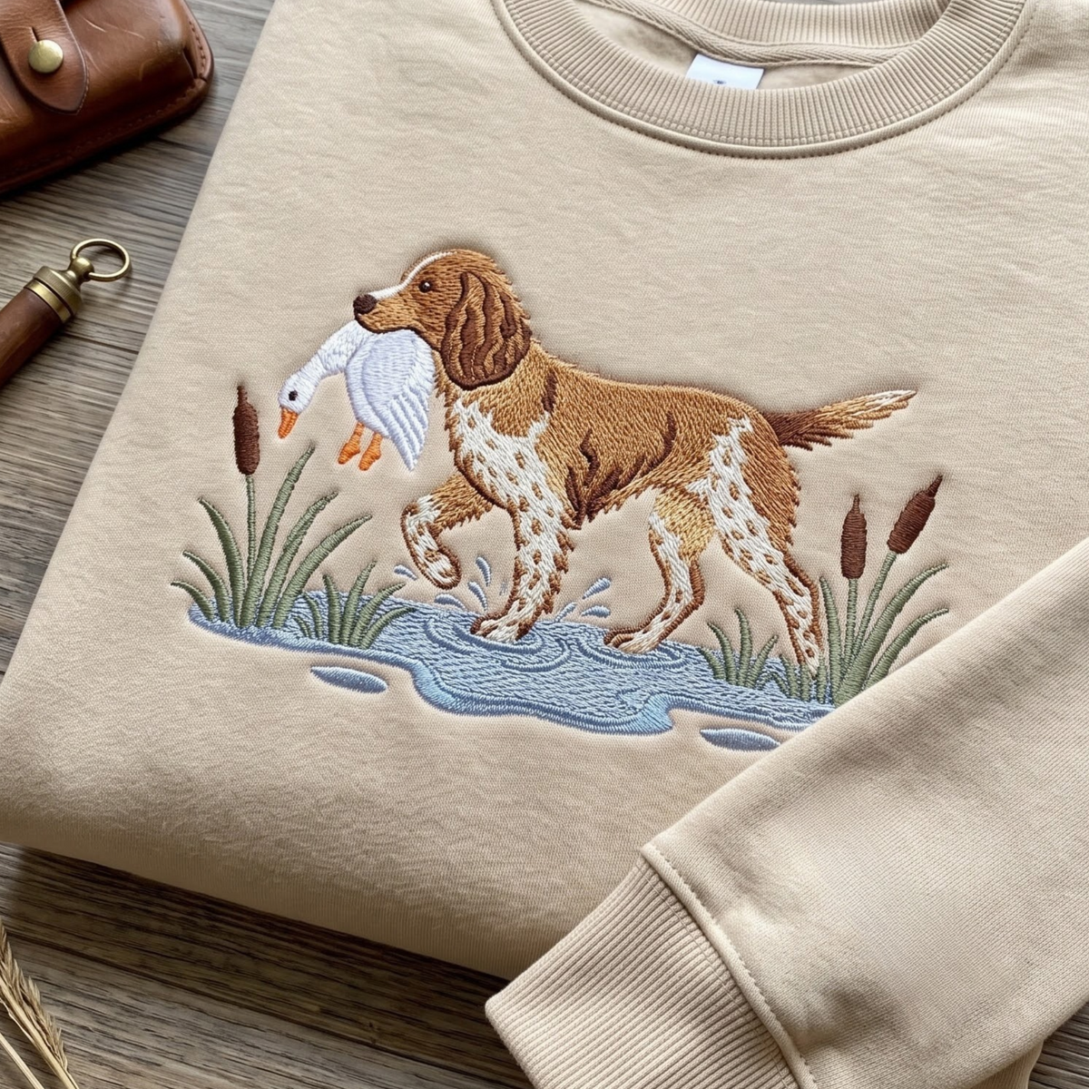 Brittany Spaniel Duck Hunting Dog Cattails Water Scene embroidered sweatshirt — front view