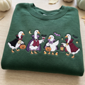 Halloween Geese in Costumes Vampire Dracula Trick or Treat Pumpkin Lantern Bats embroidered sweatshirt — front view