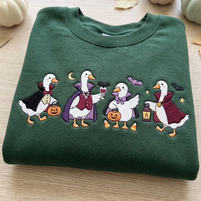 Halloween Geese in Costumes Vampire Dracula Trick or Treat Pumpkin Lantern Bats Embroidered Sweatshirt