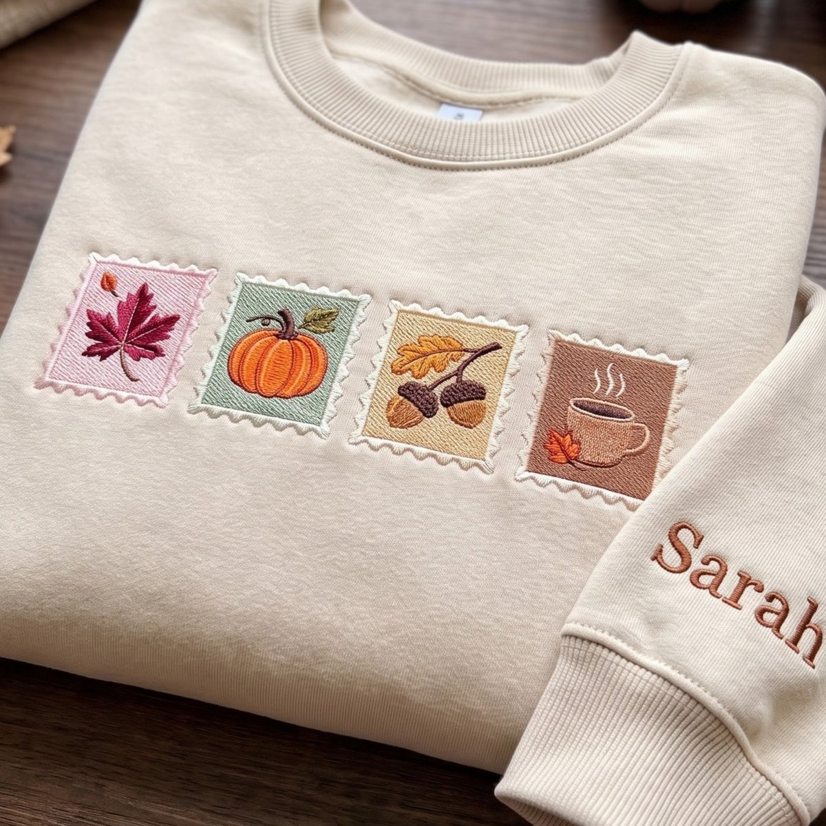 Personalized Fall Autumn Stamps Maple Leaf Pumpkin Acorn Coffee Cup Sleeve embroidered sweatshirt — front view