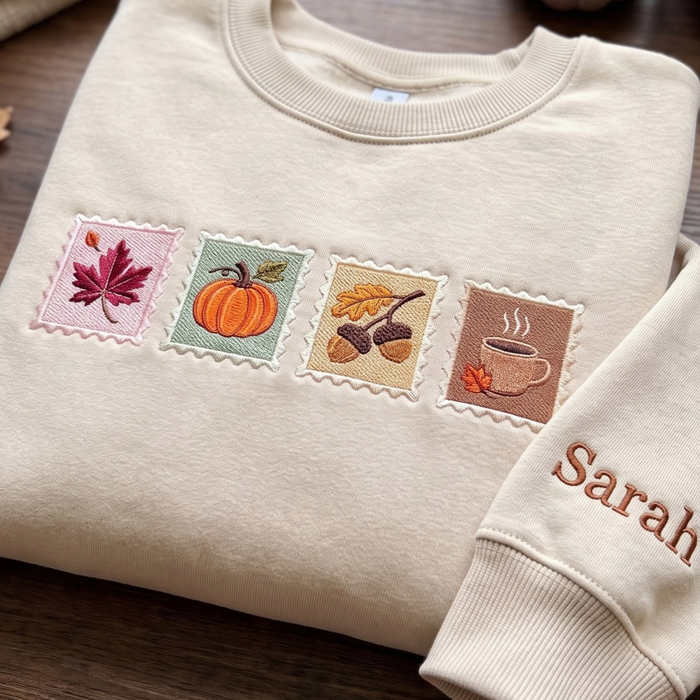 Personalized Fall Autumn Stamps Maple Leaf Pumpkin Acorn Coffee Cup Sleeve Embroidered Sweatshirt