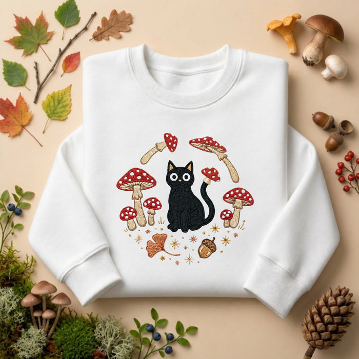 Black Cat Mushroom Cottagecore Autumn Forest Embroidered Sweatshirt