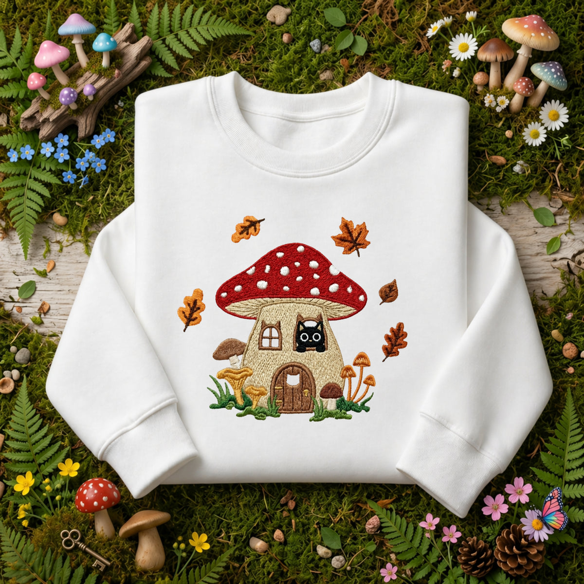Black Cat Mushroom House Autumn Leaves Fall Cottagecore embroidered sweatshirt — front view