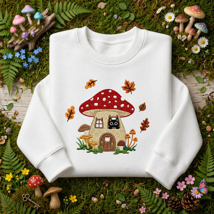 Black Cat Mushroom House Autumn Leaves Fall Cottagecore Embroidered Sweatshirt
