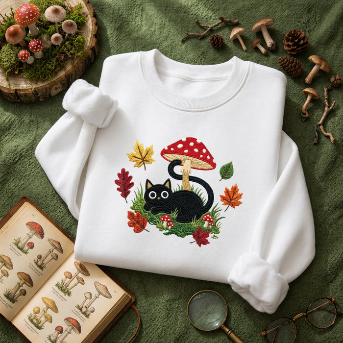 Black Cat Mushroom Autumn Leaves Cottagecore Embroidered Sweatshirt