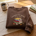 Personalized I Closed My Book to Be Here Stack Books Mushroom Fall Leaves embroidered sweatshirt — front view