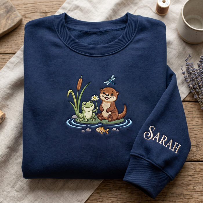 Personalized Otter Frog Pond Lily Dragonfly Cottagecore Embroidered Sweatshirt