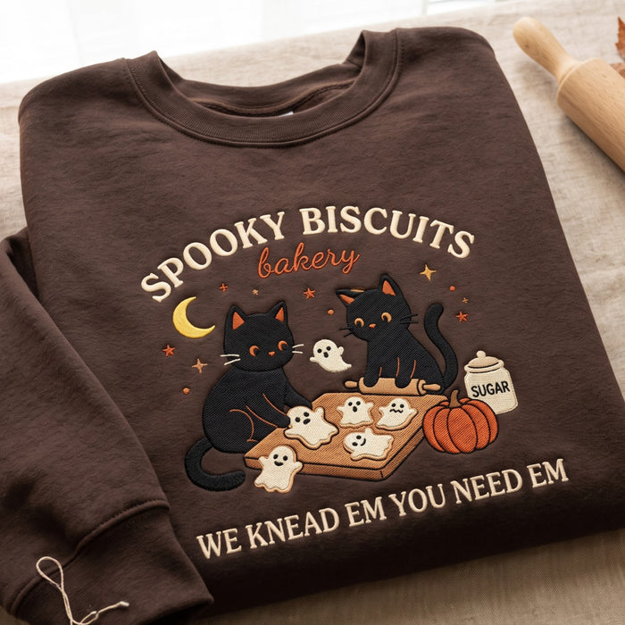 Halloween Spooky Biscuits Bakery Two Black Cats Ghost Cookies Pumpkin Embroidered Sweatshirt
