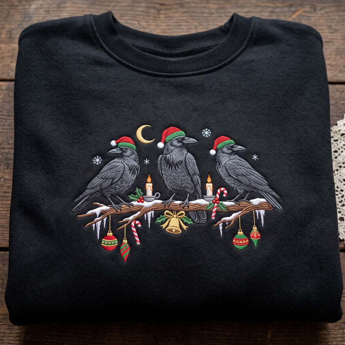 Three Christmas Crows Santa Hats Snowy Branch Holiday Ornaments Embroidered Sweatshirt