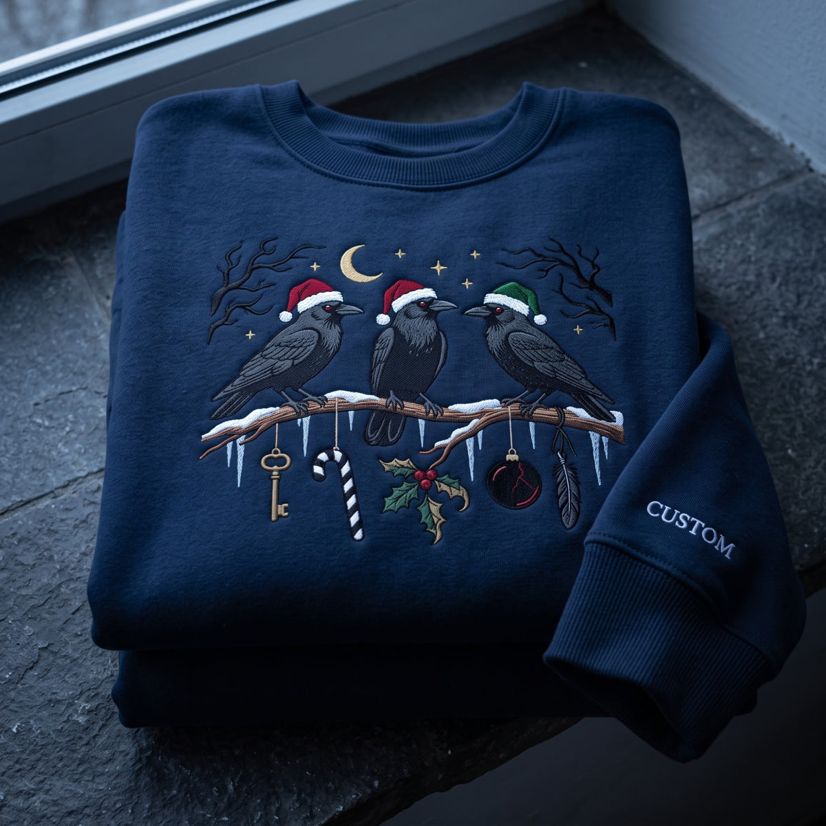Personalized Christmas Three Crows Santa Hats Branch Icicles Gothic Holiday embroidered sweatshirt — front view