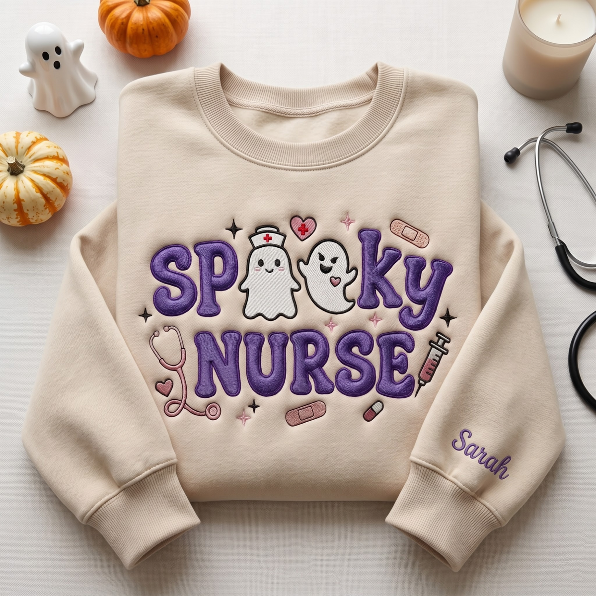Personalized Spooky Nurse Halloween Ghost Nurse Hat Stethoscope embroidered sweatshirt — front view