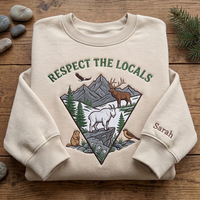 Personalized Respect the Locals Mountain Wildlife Elk Goat Eagle Embroidered Sweatshirt