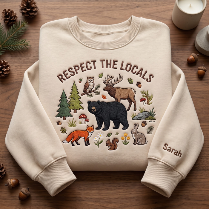 Personalized Respect the Locals Woodland Animals Forest Bear Fox Owl Moose Embroidered Sweatshirt