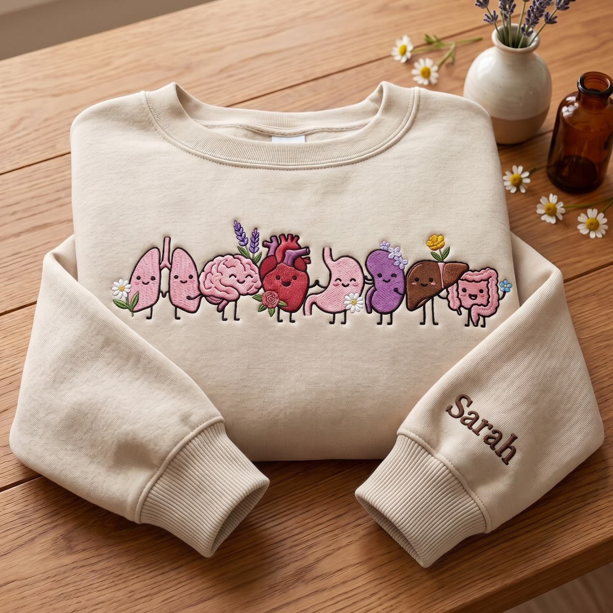 Personalized Cute Anatomy Organs Floral Kawaii Medical embroidered sweatshirt — front view