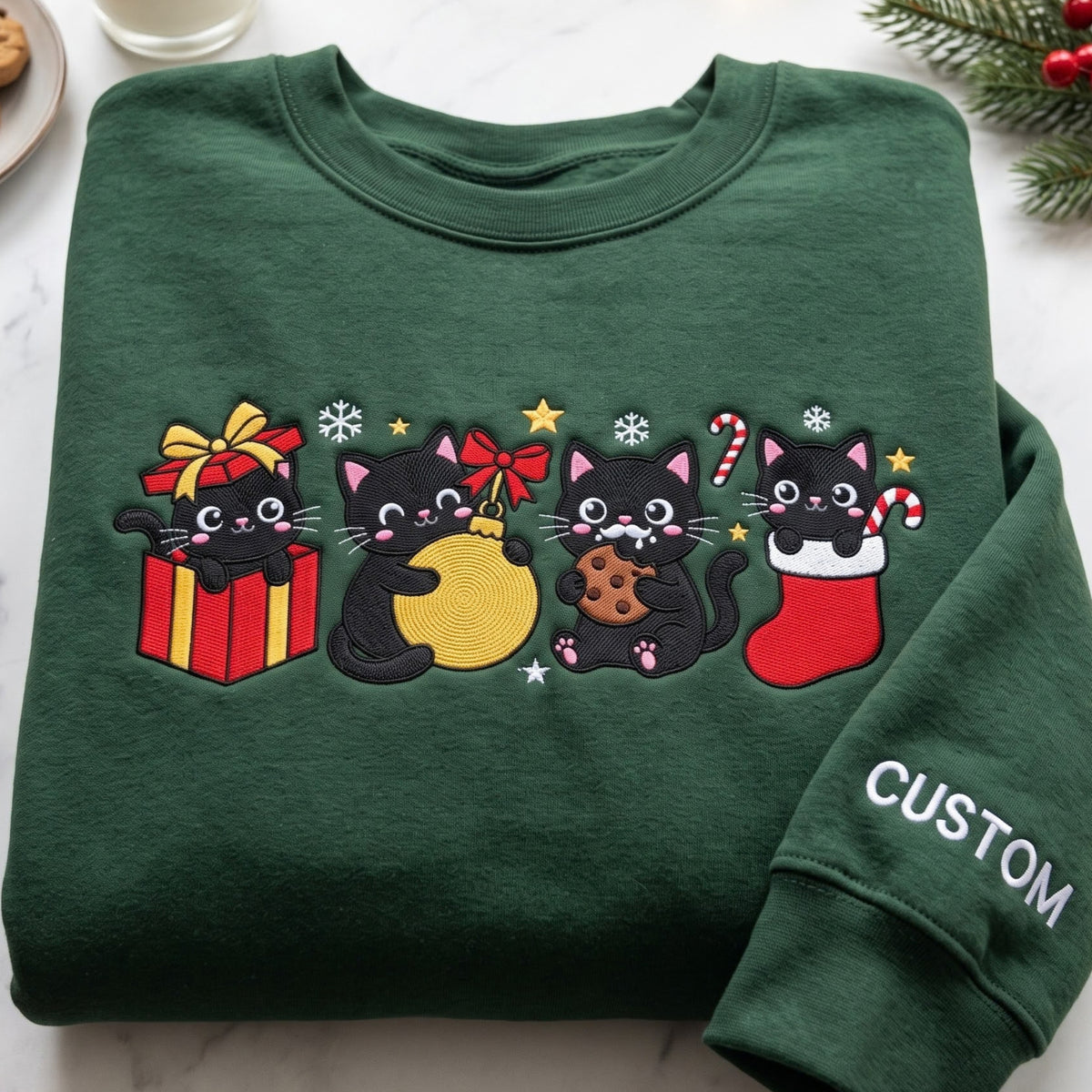 Personalized Christmas Four Black Cats Gift Box Ornament Cookie Stocking embroidered sweatshirt — front view