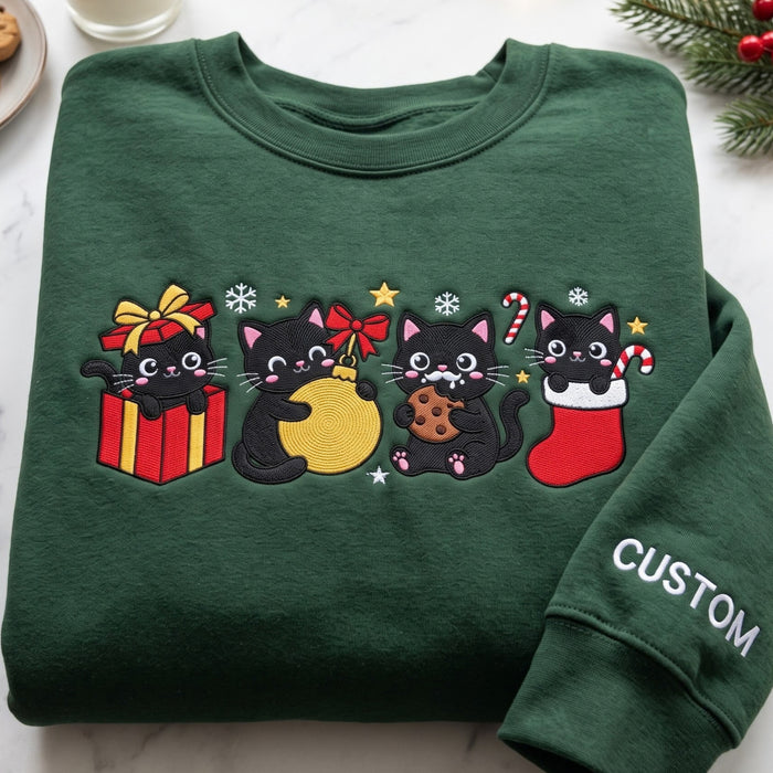 Personalized Christmas Four Black Cats Gift Box Ornament Cookie Stocking Embroidered Sweatshirt