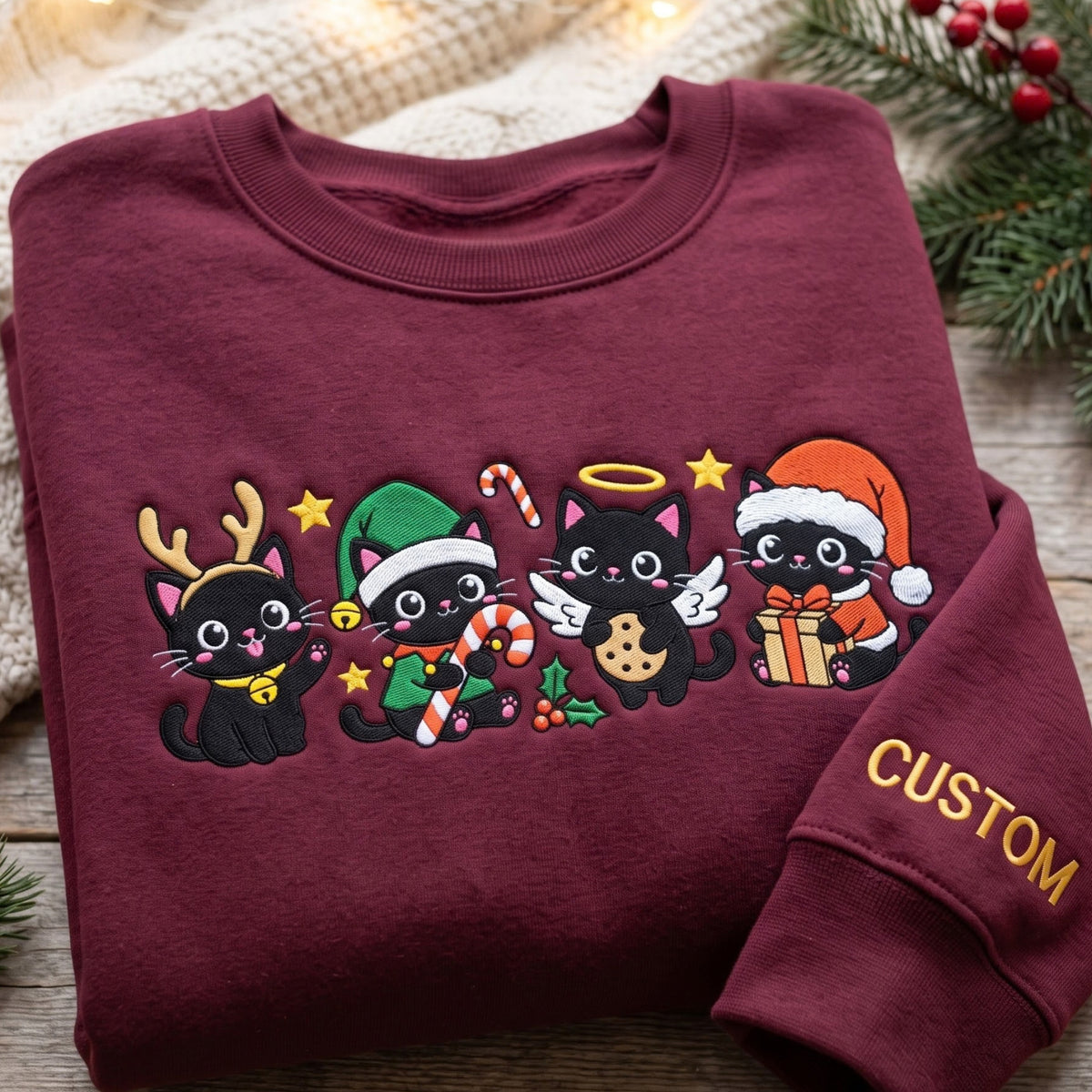 Personalized Christmas Four Black Cats Holiday Costumes embroidered sweatshirt — front view