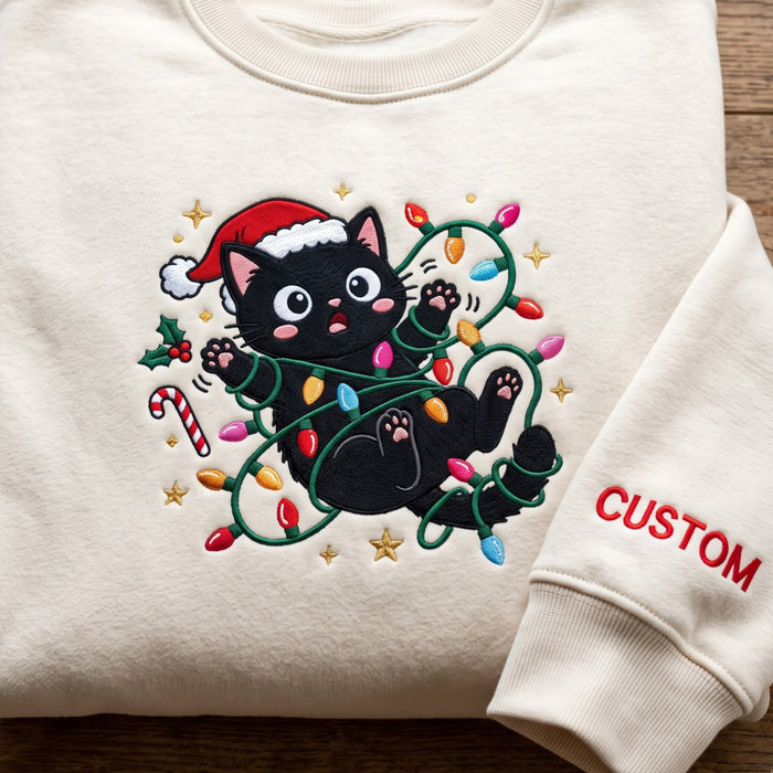 Personalized Christmas Black Cat Tangled Lights Santa Hat Embroidered Sweatshirt