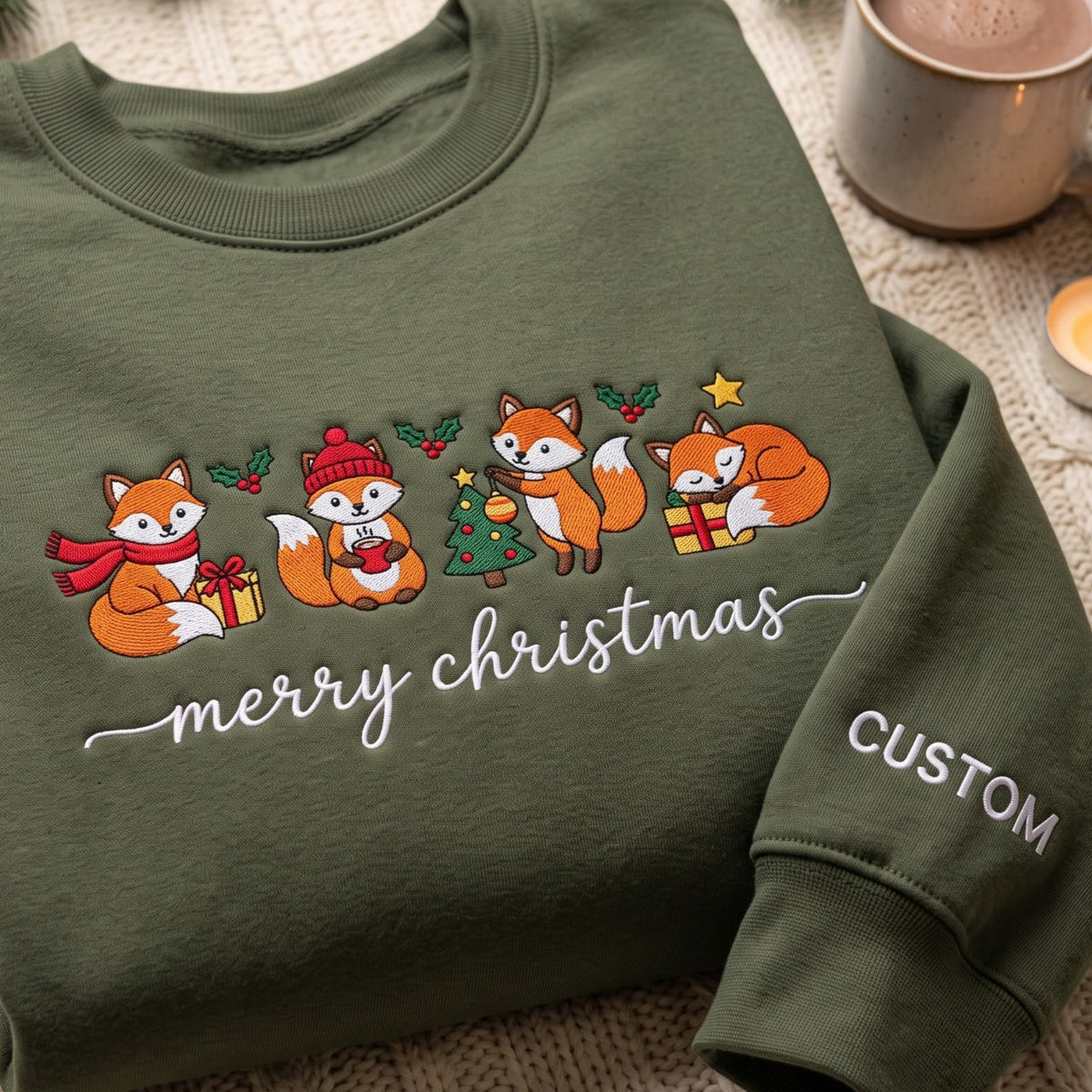 Personalized Merry Christmas Four Foxes Holiday Scenes embroidered sweatshirt — front view