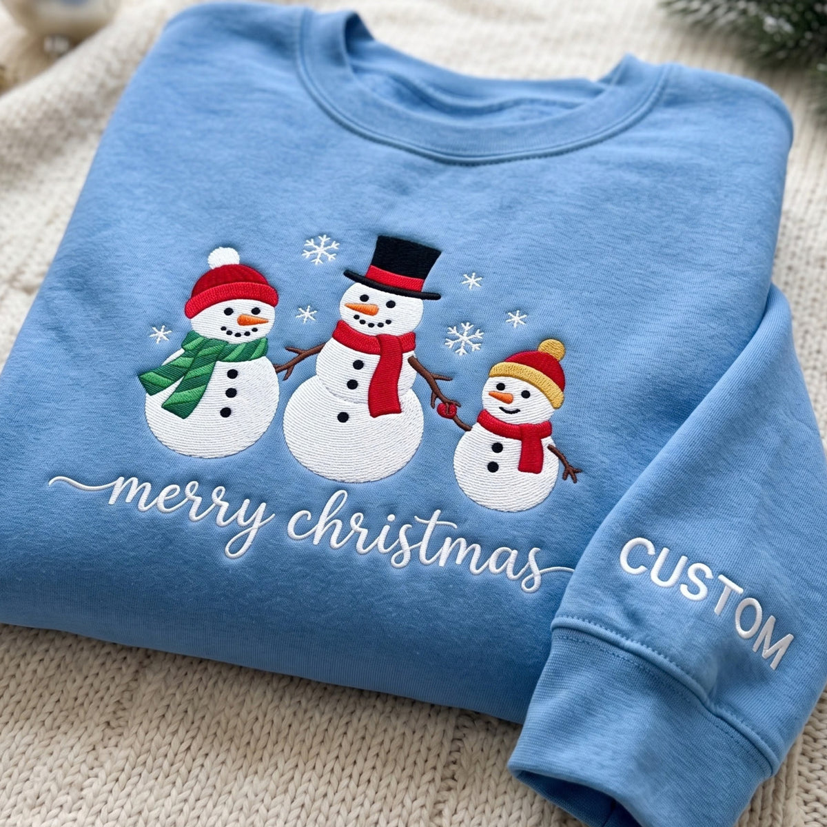 Personalized Merry Christmas Three Snowmen Family Snowflakes embroidered sweatshirt — front view