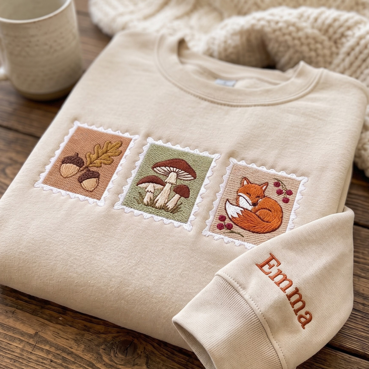 Personalized Fall Woodland Stamps Acorn Mushroom Fox Sleeve Name embroidered sweatshirt — front view