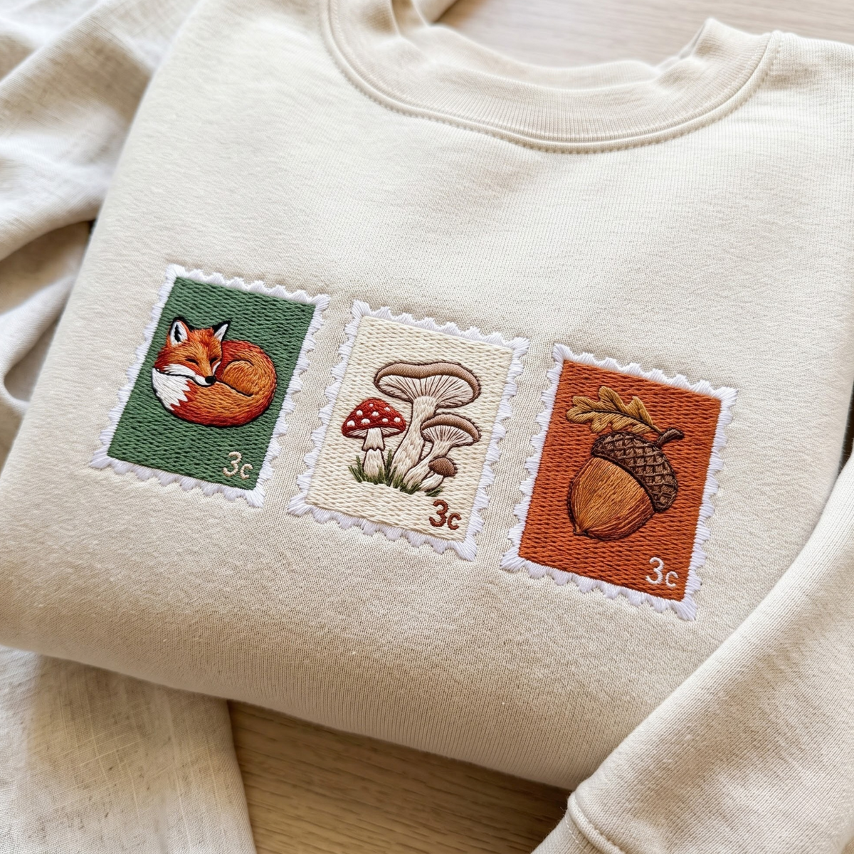 Autumn Forest Stamps Fox Mushroom Acorn Cottagecore embroidered sweatshirt — front view