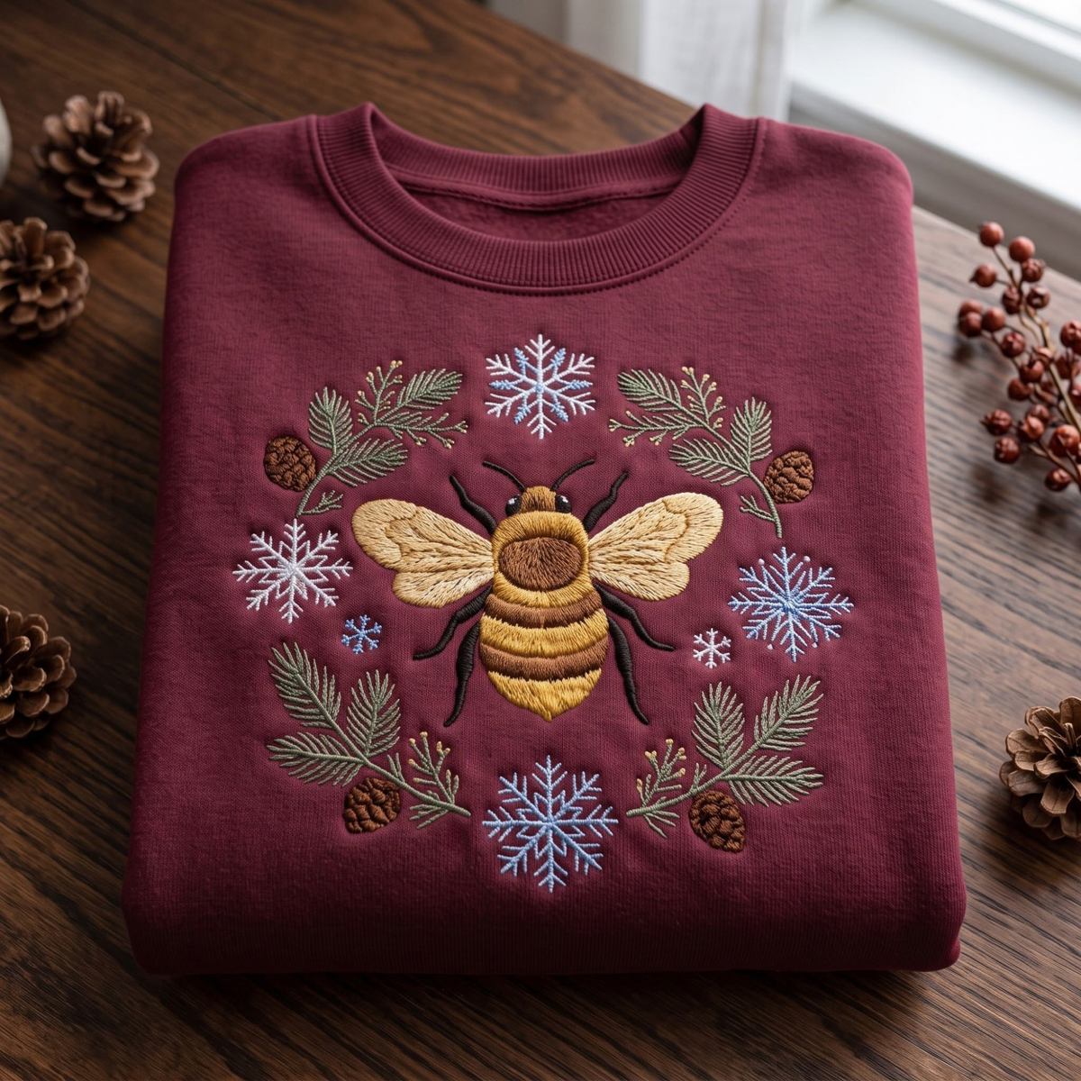 Winter Honey Bee Snowflake Pine Wreath embroidered sweatshirt — front view
