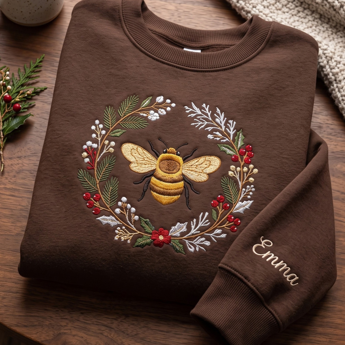 Personalized Bumblebee Christmas Winter Wreath Floral Sleeve Name embroidered sweatshirt — front view
