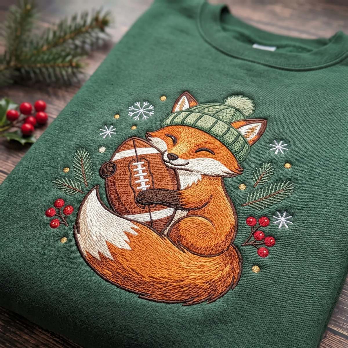 Christmas Fox Hugging Football Snowflakes Holly Winter Hat embroidered sweatshirt — front view