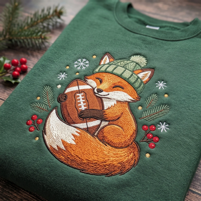 Christmas Fox Hugging Football Snowflakes Holly Winter Hat Embroidered Sweatshirt