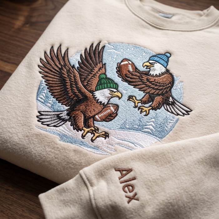 Personalized Bald Eagles Playing Football Winter Snow Beanie Hats Embroidered Sweatshirt