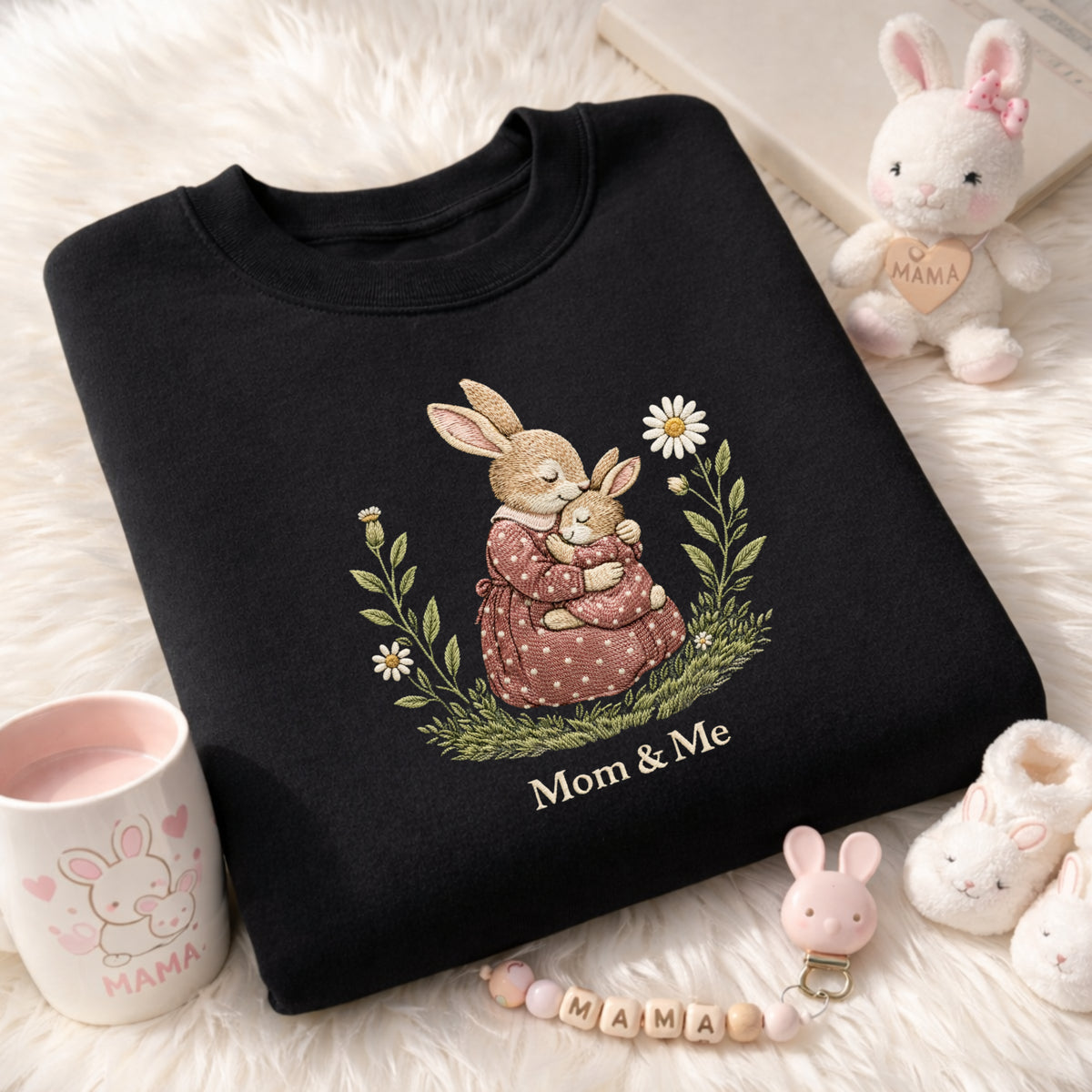 Mom & Me Bunny Mother Baby Wildflower Garden embroidered sweatshirt — front view
