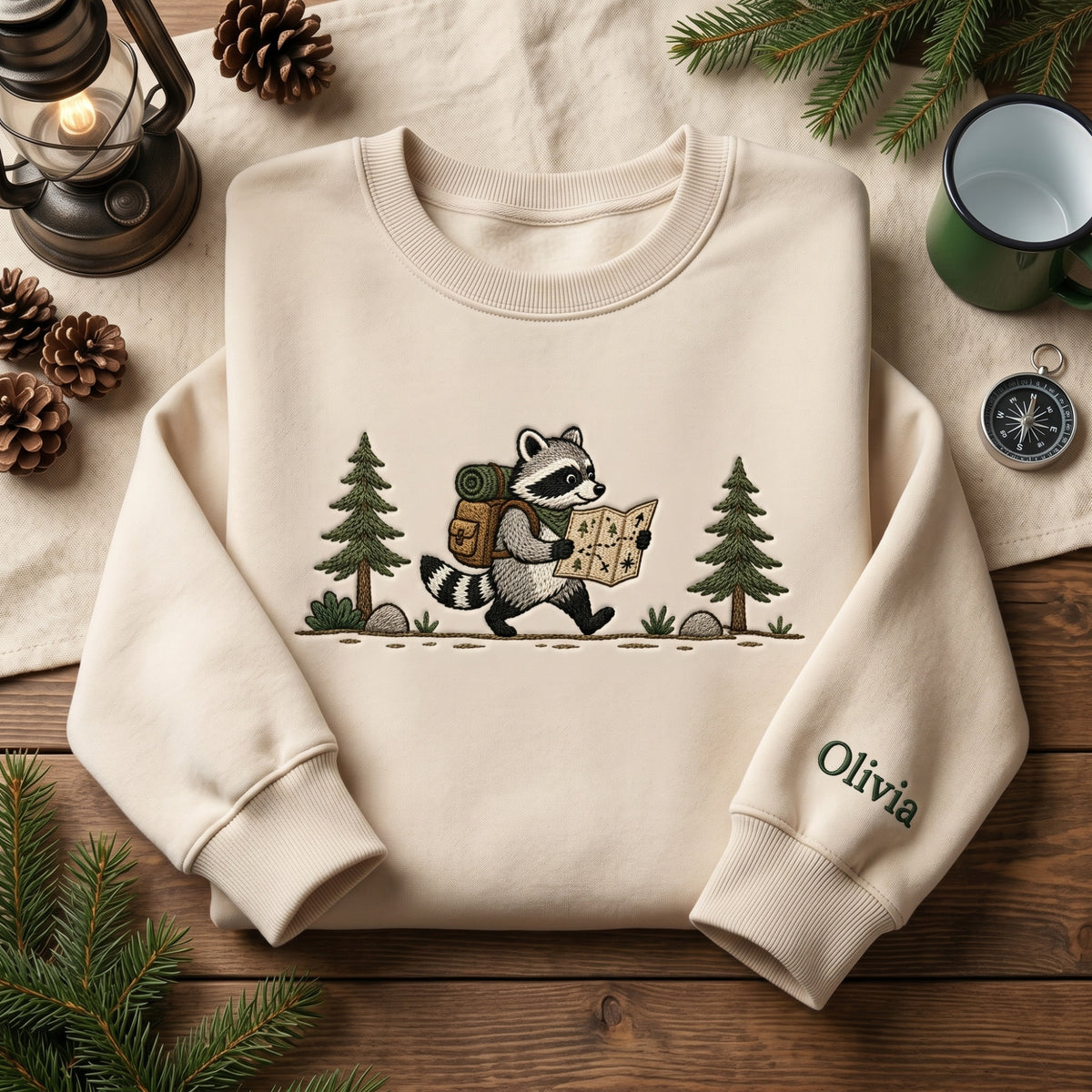 Personalized Raccoon Hiker Camping Map Pine Trees embroidered sweatshirt — front view