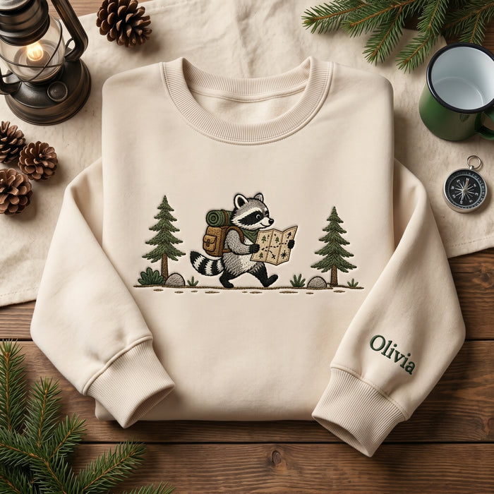 Personalized Raccoon Hiker Camping Map Pine Trees Embroidered Sweatshirt