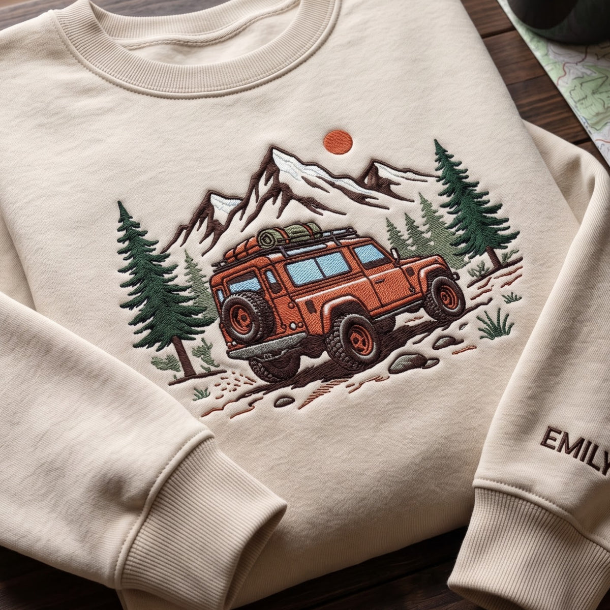 Personalized Off-Road 4X4 Adventure Mountain Pine Trees Sun embroidered sweatshirt — front view