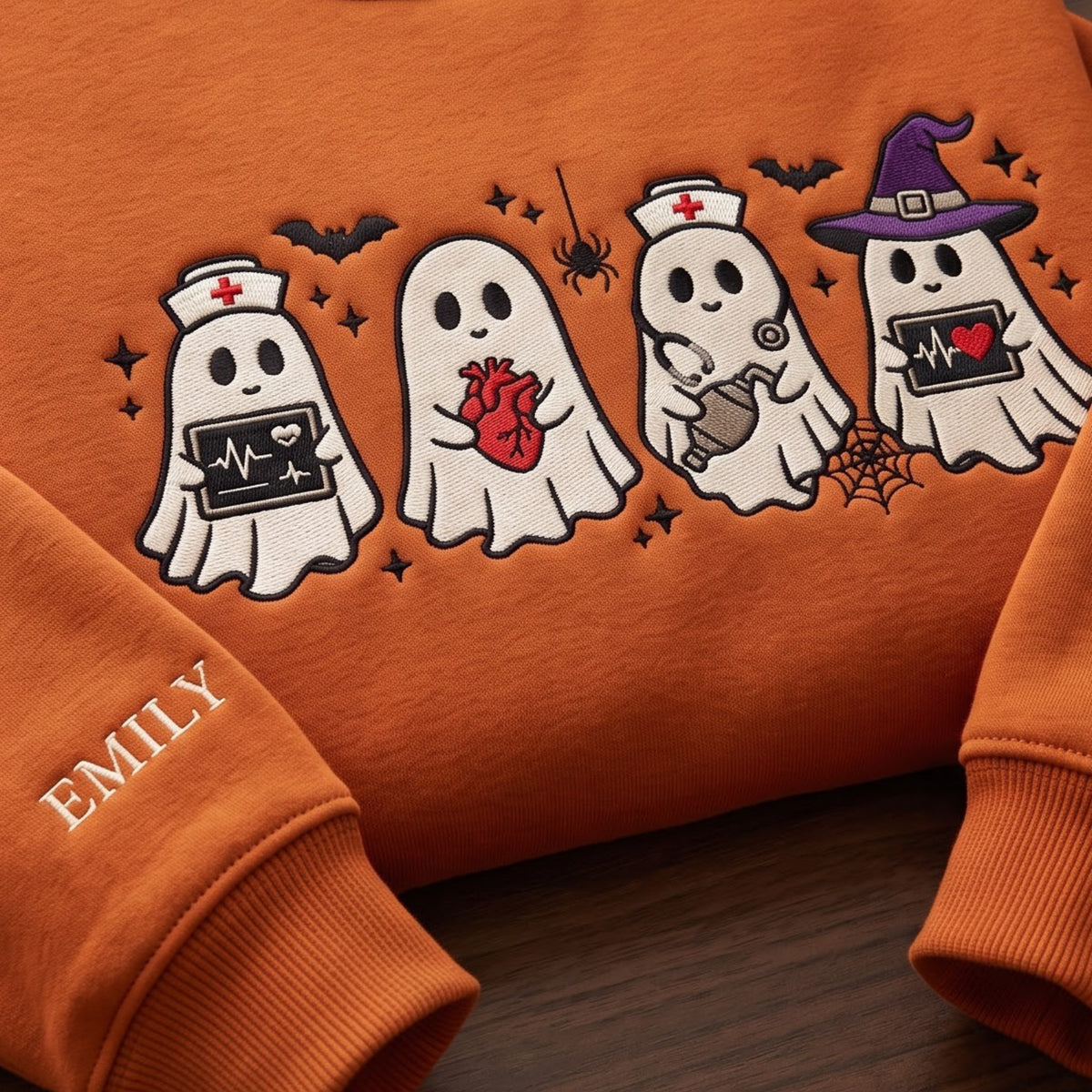 Personalized Halloween Nurse Ghost Witch Hat Heartbeat Ecg embroidered sweatshirt — front view