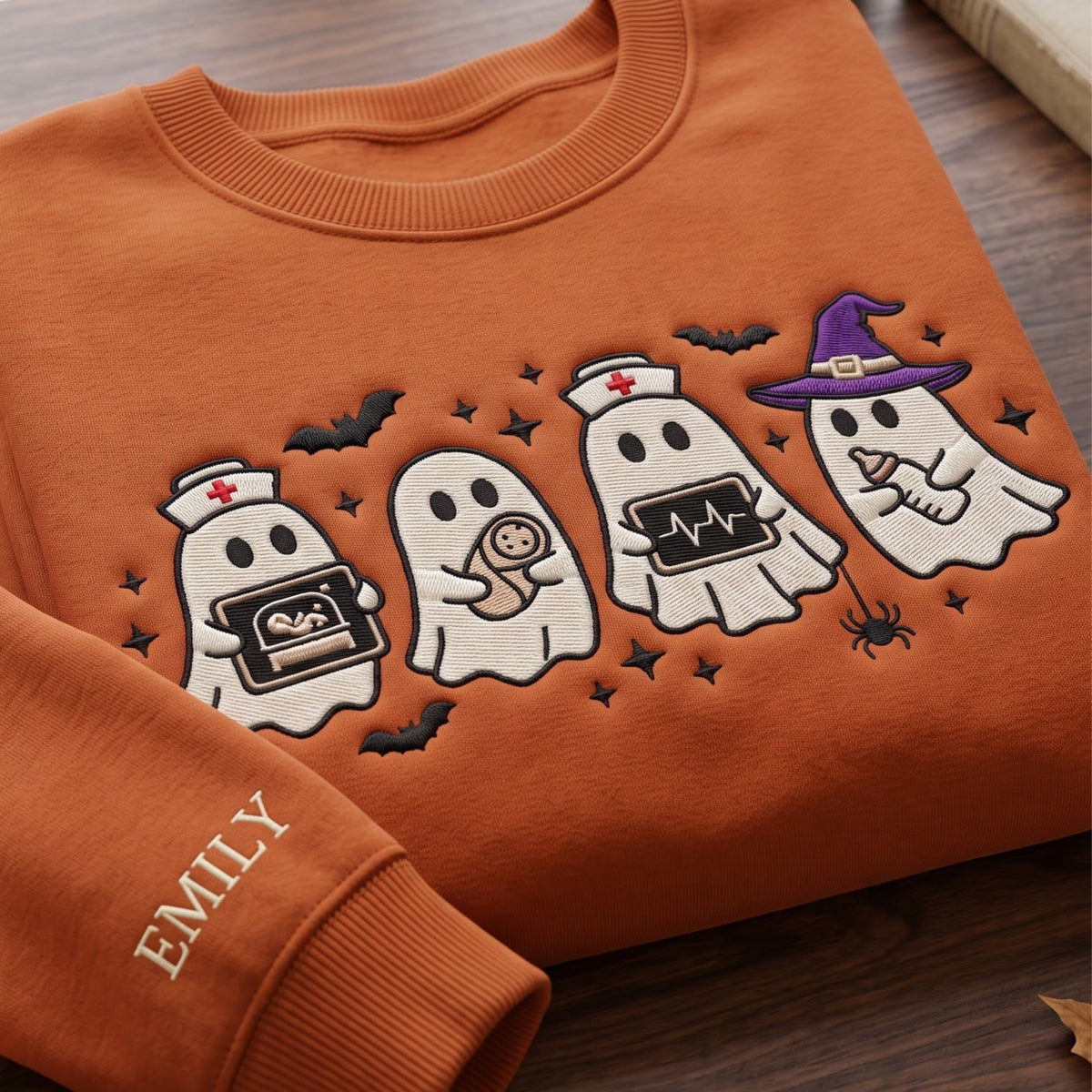 Personalized Halloween Ghost Nurse Ultrasound Heartbeat Witch Hat embroidered sweatshirt — front view