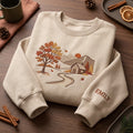 Personalized Autumn Cabin Mountain Landscape Falling Leaves Sleeve Name embroidered sweatshirt — front view