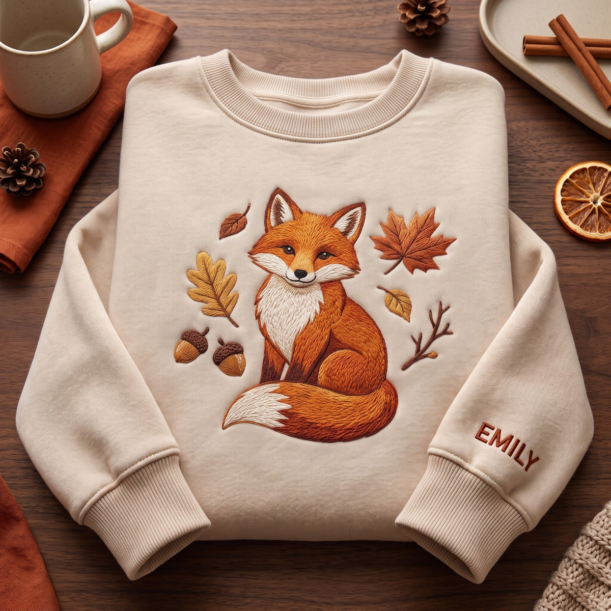 Personalized Autumn Fox Falling Leaves Acorns Branch embroidered sweatshirt — front view