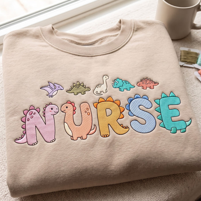 Nurse Dinosaur Dino Colorful Letters Cute Embroidered Sweatshirt