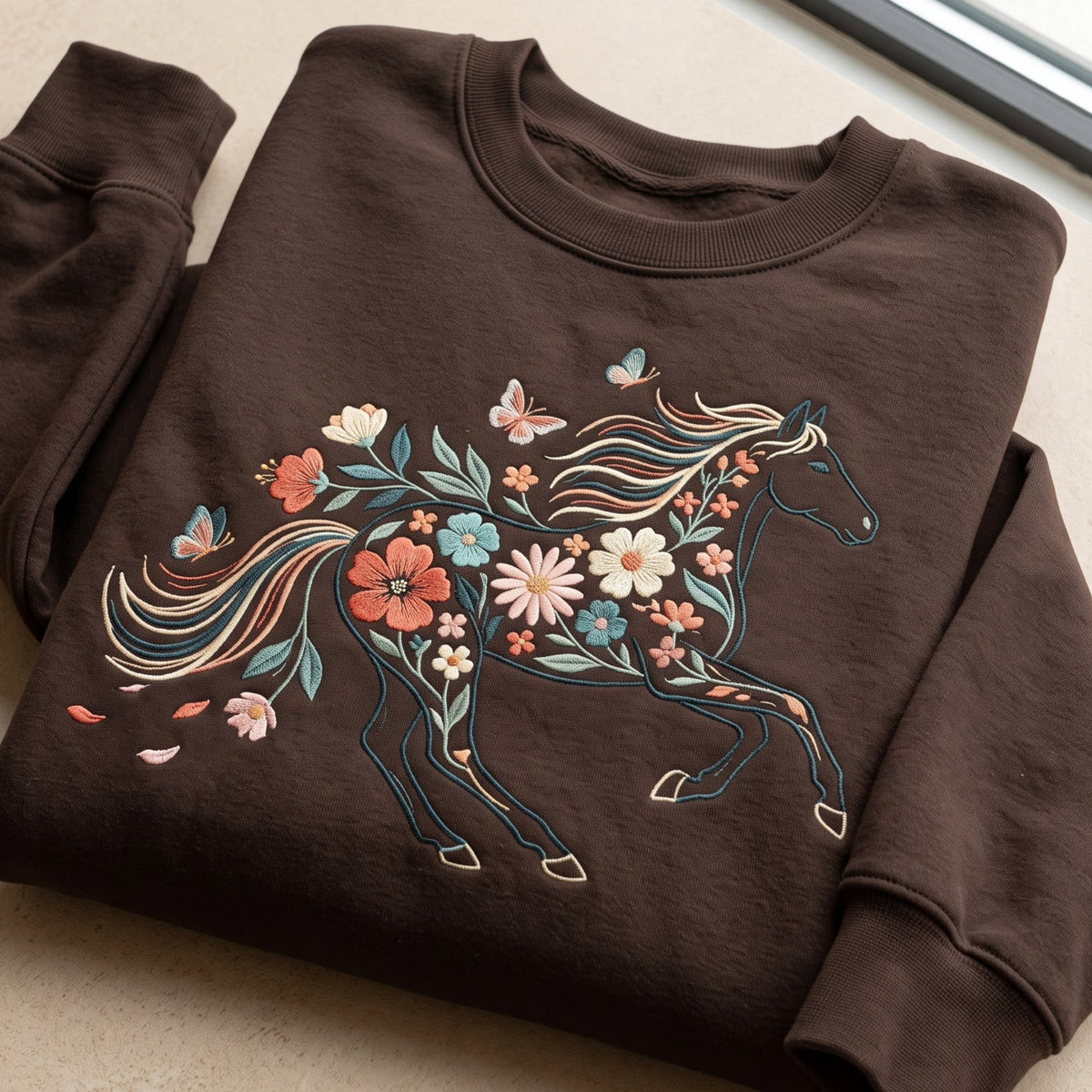 Floral Horse Wildflower Butterfly Boho Running Horse embroidered sweatshirt — front view
